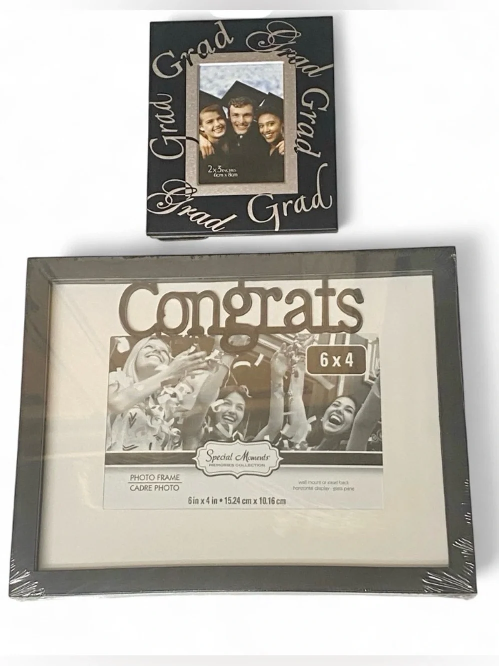 Graduation Picture Frames Set of 2 Black Silver Grad 2x3 & 4x6 Photos